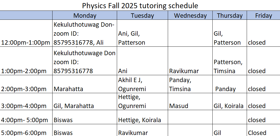 Fall 25 Tutor Schedule